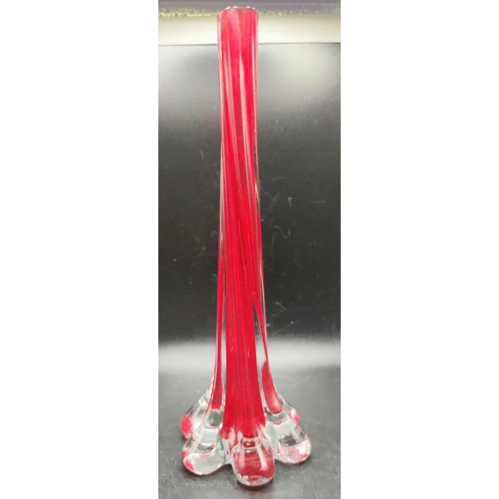 Vintage Bud Vase Elephant Foot Ruby Red Cased Twisted Art Glass 9.75